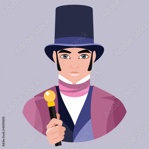 An avatar of a man in a 19th century historical costume holding a cane in his hand. Historical aristocracy. Flat vector illustration.