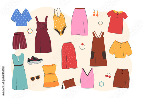 Summer fashion clothes. Colorful stickers with short, dresses, shirts and swimsuits. Fashionable combination for hot weather. Elements for sites. Cartoon flat vector icons isolated on white background