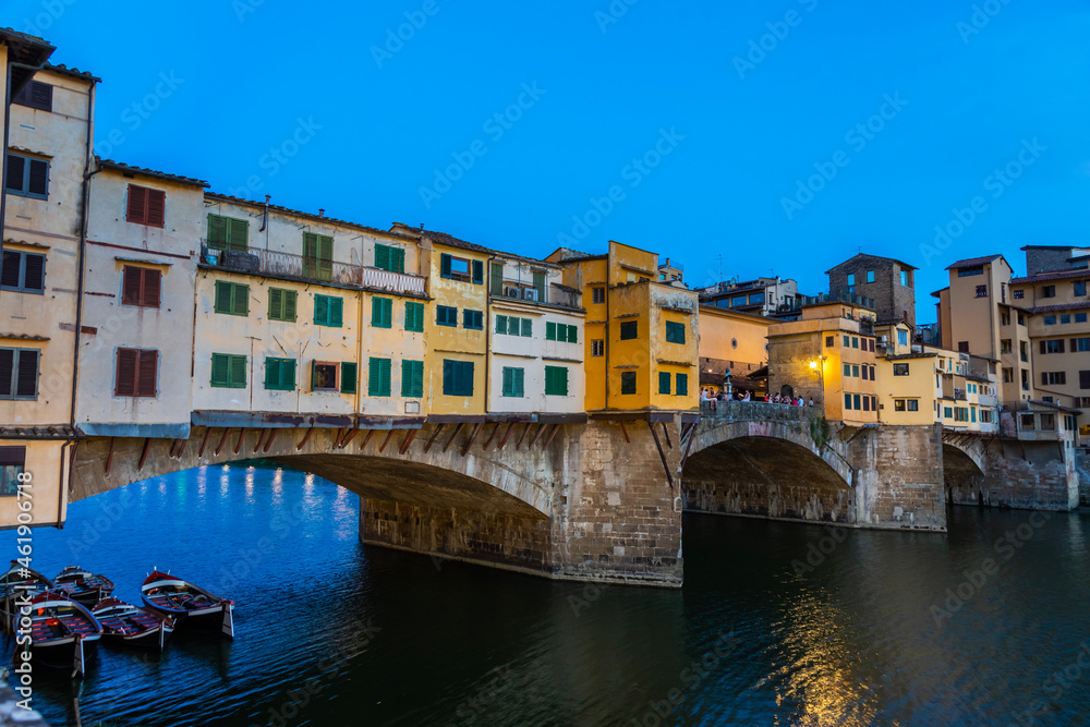 Sunset on Ponte Vecchio - Old Bridge - in Florence, Italy. Amazing blue light before the evening.