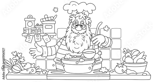 Santa Claus standing at his kitchen stove and cooking a tasty vegetable soup for a holiday supper, black and white outline vector cartoon illustration for a coloring book page