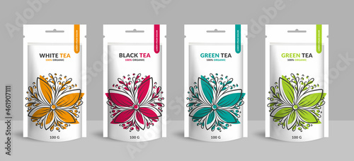 Tea packaging design with zip pouch bag mockup. Vector ornament template. Elegant, classic elements. Great for food, drink and other package types. Can be used for background and wallpaper.