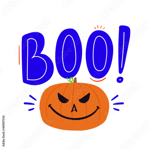 Halloween Hand Lettering Calligraphy with pumpkin cute drawn. Vector.