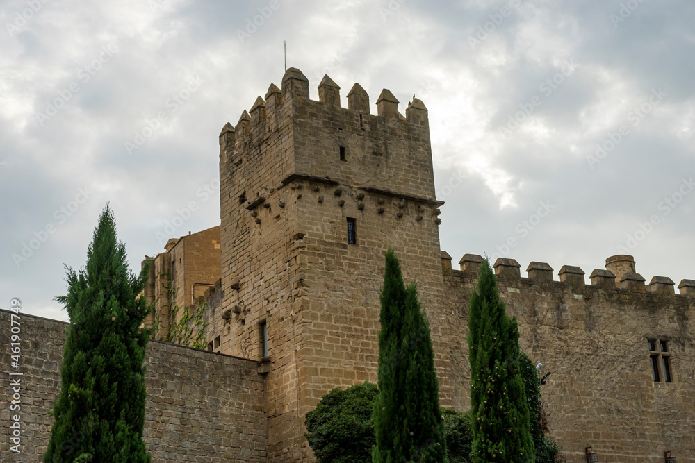 Medieval castle of the City of Olite in Navarra, Spain. Wall, battlements and fortress