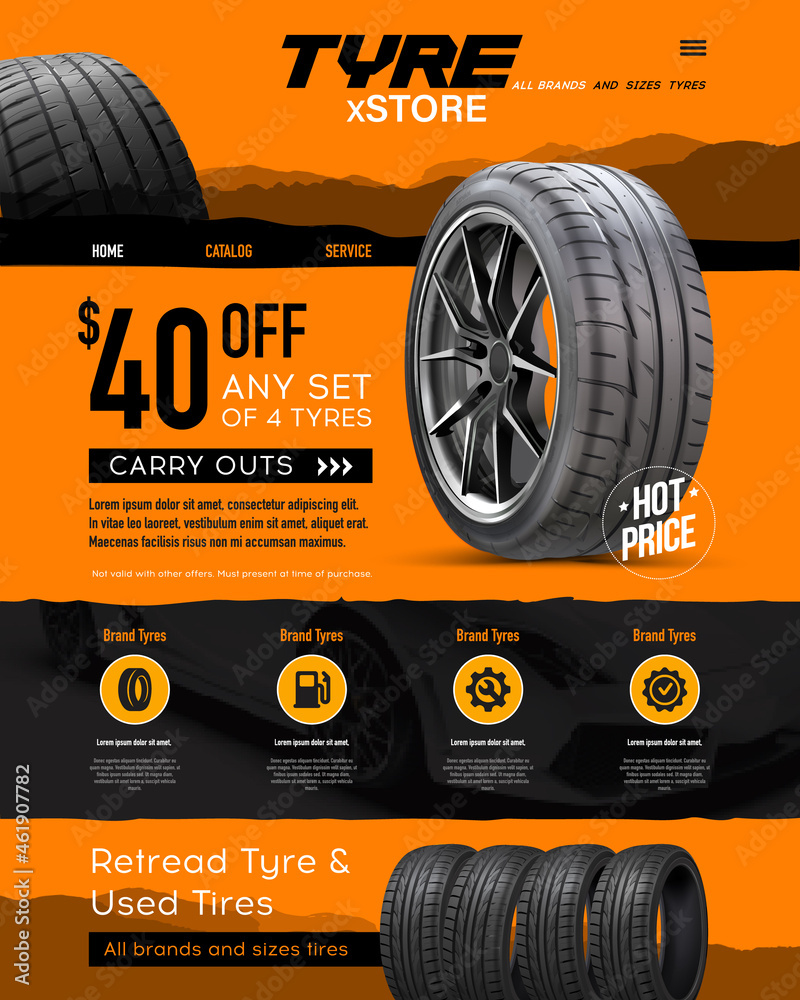 Web page - sales of wheels and tires for cars. Online sale. Car tire sale  banner. Car