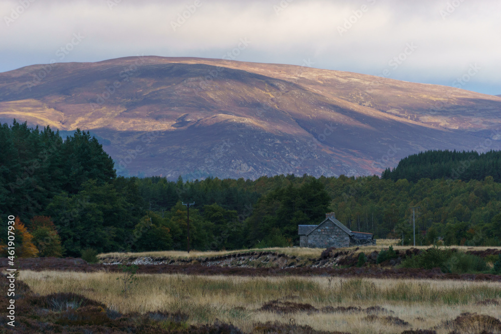 Stone cottage in front of mountain in golden sunlight in the Cairngorms National Park, Scottish Highlands, Scotland, UK - obrazy, fototapety, plakaty 