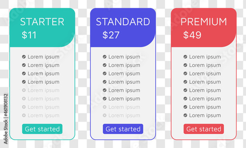 Pricing table design template with three subscription options for website or app. User interface vector.