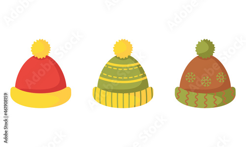 Knitted winter, autumn warm hats with patterns, pom poms. Hats for children, youth, women. Winter clothes. Christmas accessory. Set of caps, white background. Vector illustration