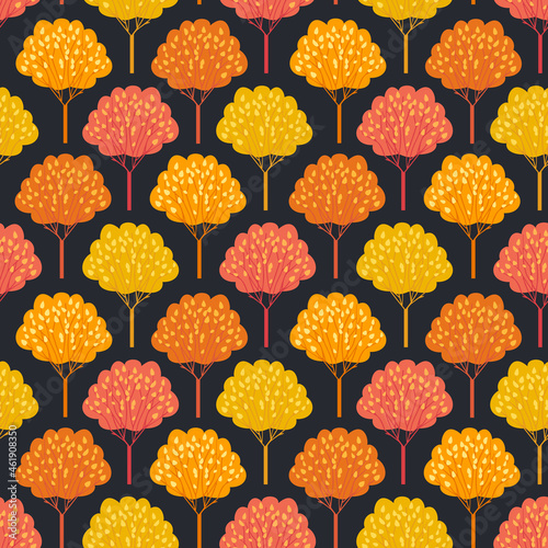 Autumn trees Fall season seamless vector pattern. Beautiful Autumnal forest cartoon wallpaper. Thanksgiving holiday decorative design element. Fall trees in park, woodland background illustration