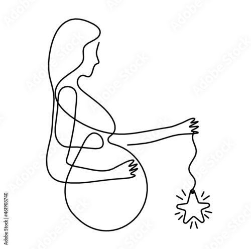 Mother silhouette body with heart as line drawing picture on white. Vector