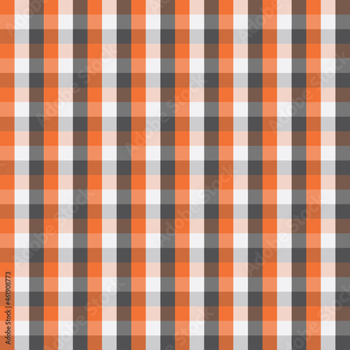 Tartan pattern in Halloween colors, Halloween theme plaid fabric with orange and black color, Illustration of orange, white and black horizontal and vertical stripes, Gingham fabric design