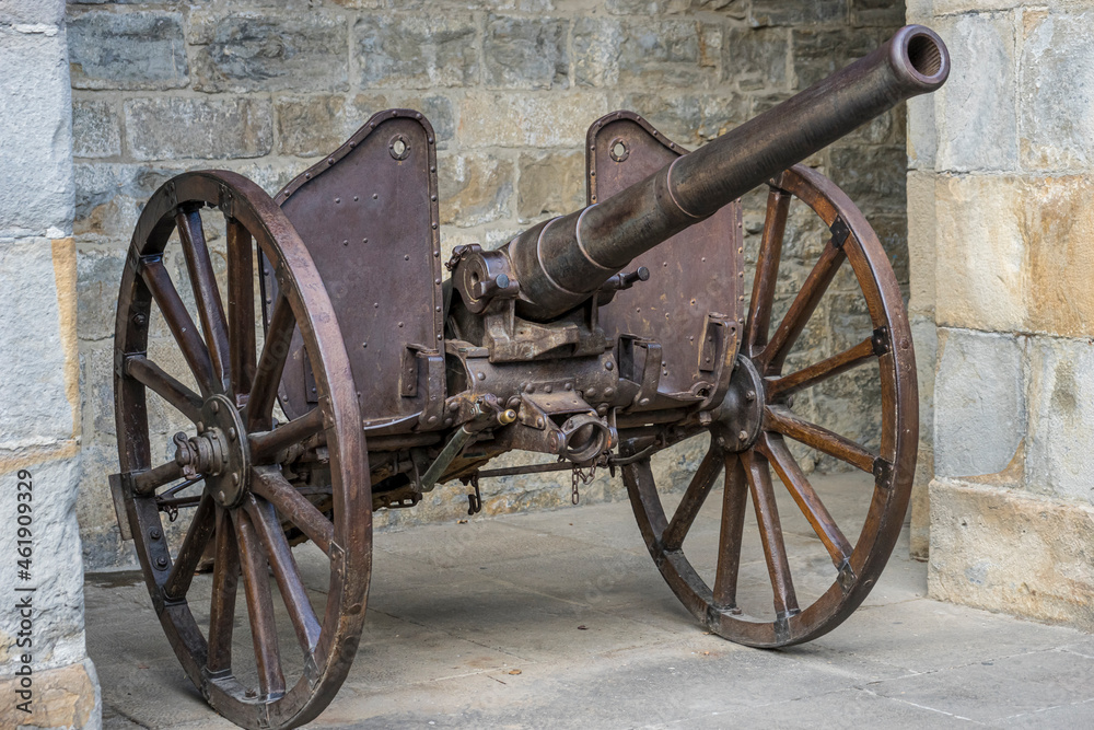 Bastion, Military cannon in the fortified citadel of Pamplona, ​​Navarra Spain. Piece of artillery from the 19th century made of steel and used in the Carlist wars