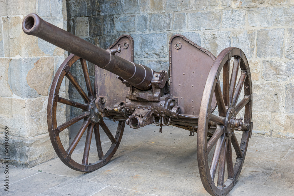 Military cannon in the fortified citadel of Pamplona, ​​Navarra Spain. Piece of artillery from the 19th century made of steel and used in the Carlist wars