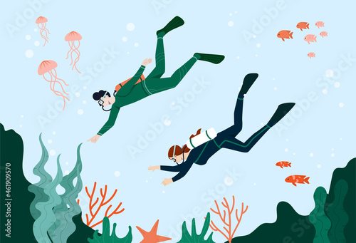 People go diving concept. Man and woman with scuba diving swim to bottom of ocean. Amazing sea world. Entertainment for tourists. Cartoon flat vector illustration isolated on blue background