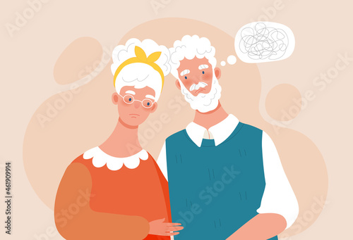 Elderly husband with dementia. Man does not remember moments of his life. Elderly couple with amnesia helps each other. Memory loss. Cartoon flat vector illustration isolated on pink background