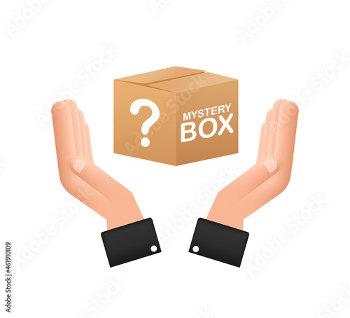 Mystery box with hands. Packaging for concept design. Surprise present. Package design. Help symbol. Question mark icon. Vector stock illustration.
