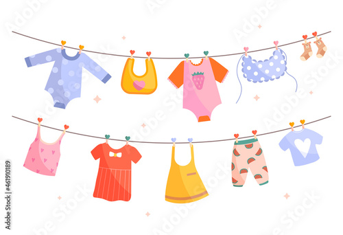 Clothes on ropes. Cute children clothes dry in sun. Dress, shirt, socks and trousers for newborn. Design elements for postcard and poster. Cartoon flat vector illustration isolated on white background