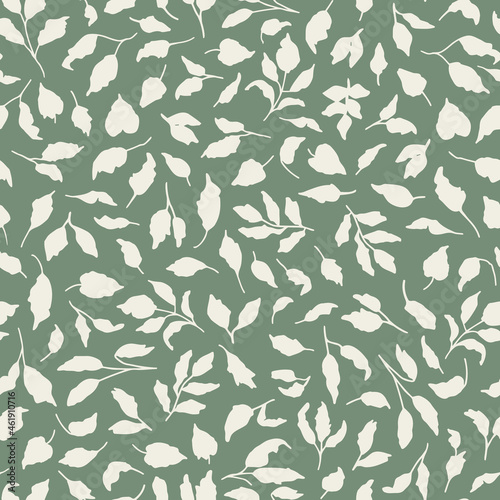 Foliage seamless repeat pattern on sage green background. Random placed, vector leaves all over surface print.