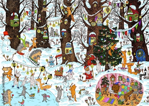 Cute animals celebrate christmas in the forest. Digital painting. Cute illustration for the decor and design of posters, postcards, prints, stickers, invitations, textiles and stationery.