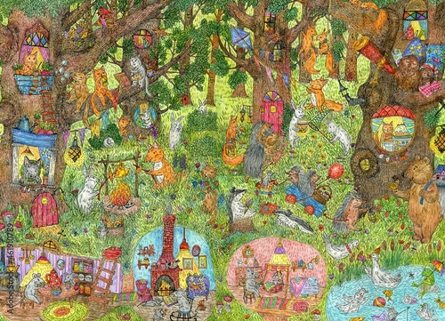 Animals walk in the summer in a fairy forest. Drawing with ink and colored penc Cute illustration for the decor and design of posters, postcards, prints, stickers, invitations, textiles and stationery