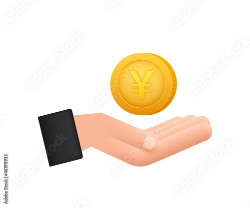 Yen coin with hand, great design for any purposes. Flat style vector illustration. Currency icon.