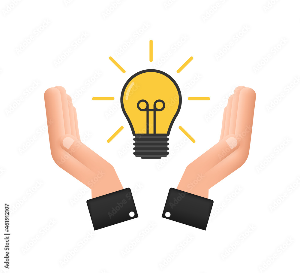 Light bulb icon with hands. lamp, incandescent bulb. Vector stock illustration.