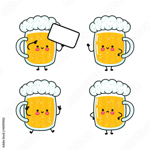 Funny cute happy glass of beer characters bundle set. Vector hand drawn doodle style cartoon character illustration icon design. Cute glass of beer mascot character collection