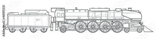 Fototapeta Steam locomotive with tender - illustration of vintage vehicle.