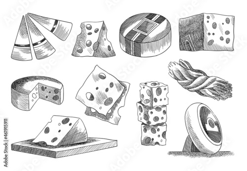 Cheese collection. Stylish design elments for menu label or banner poster. Organic milk butter fresh food.  sketch illustration in hand drawn style photo