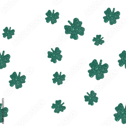 St. Patricks Day  San Patrick seamless green shamrock pattern. Patrick day background with glitter four-leaf clover pattern.
