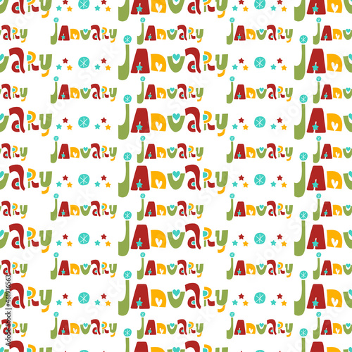 Seamless pattern with vector illustration lettering january on white background. Unique handwritten lettering. Template for diary, calendar, planner, check lists, and other stationery.