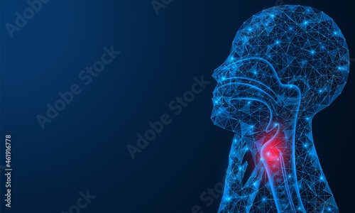 Redness and sore throat. A person touches a sore neck. A low-poly construction of interconnected lines and dots. Blue background.