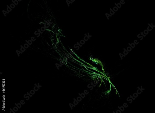 green feather, lines of light on a black background, graphics
