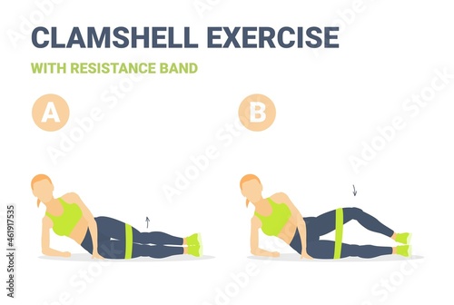 Woman Doing Clamshell with Resistance Band Exercise. Woman Hip Abduction With Rubber Loop. photo