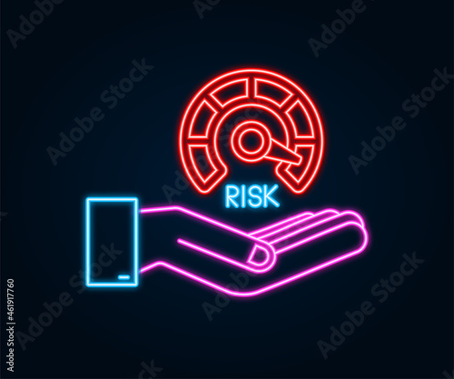 Risk neon icon on speedometer in hands. High risk meter. Vector stock illustration.