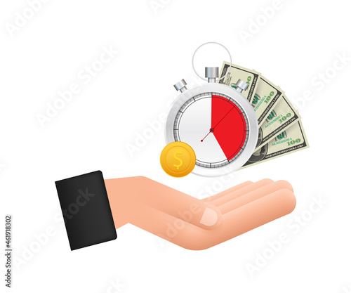 Timer and money in hands. Clock and bag, time is money, fast loan, payment period, savings account. Vector stock illustration.