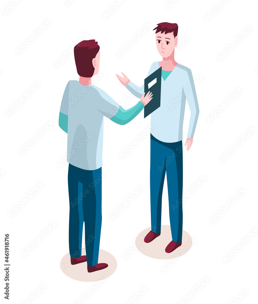 Medicine researcher isometric. Doctor issues a prescription. Isometric illustration kit with people characters Medicine researcher isometric. Doctor issues a prescription. Isometric illustration kit with people characters