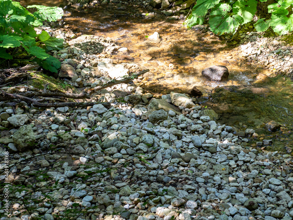 Mountain rivers, sources of ecologically clean resources of water reserves on the planet, a sunny summer day.