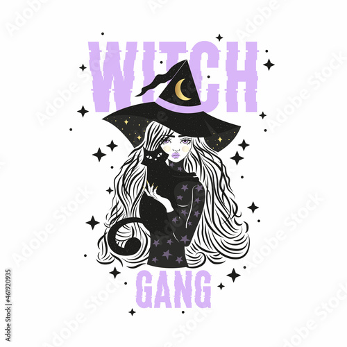 Cute witch and cat wearing hat with stars and moon. Vector illustration. Witch gang slogan.