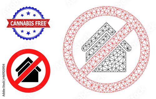 Polygonal stop house framework icon, and bicolor scratched Cannabis Free watermark. Polygonal wireframe illustration designed with stop house icon.