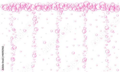 Pink bubbles stream. Fizzy carbonated drink texture. Cherry or strawberry seltzer, beer, soda, cola, lemonade, champagne, sparkling wine. Vector realistic illustration.
