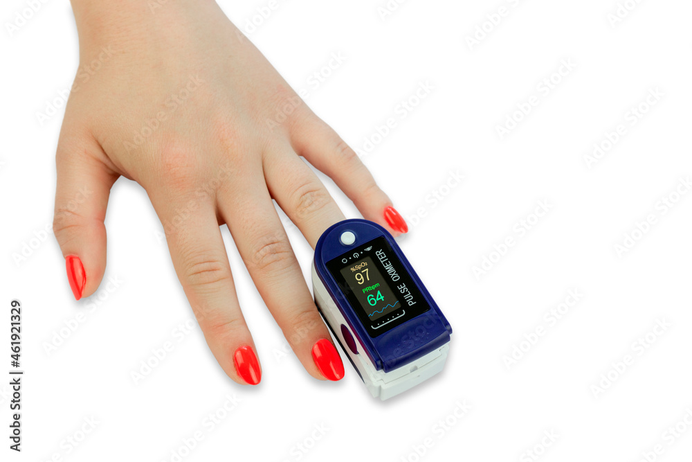pulse oximeter on female finger close up, isolate on white background pulse oximeter on female finger close up, isolate on white background