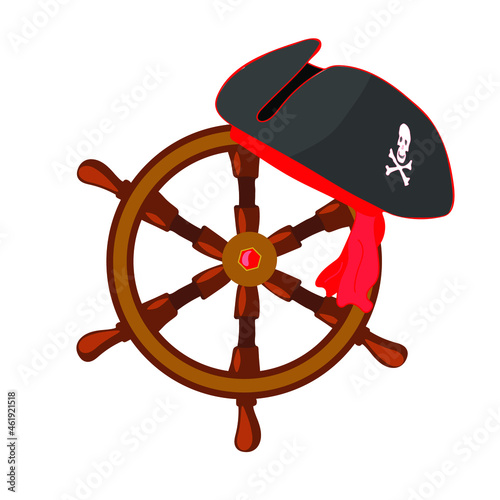 Hand-drawn steering wheel and pirate hat. Vector illustration in doodle style.