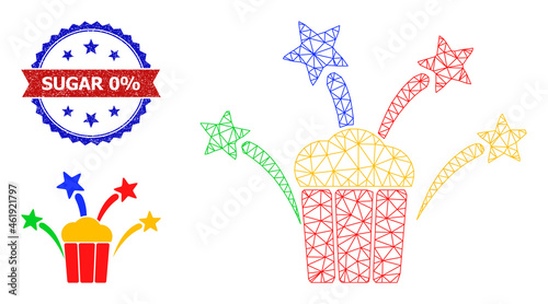 Mesh popcorn fireworks model icon, and bicolor dirty Sugar 0% seal stamp. Mesh carcass illustration designed with popcorn fireworks pictogram.