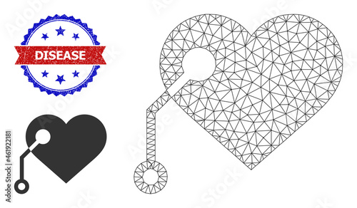 Mesh pacemaker wireframe illustration, and bicolor rubber Disease stamp. Mesh wireframe illustration based on pacemaker pictogram.