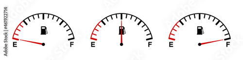 Set full tank scale, gas meter, clock face fuel measurements, fuel gauge indicator, dashboard scale icon, car control sensor sign, gasoline indicatior collection icons – vector