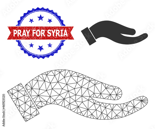 Mesh petition palm frame icon, and bicolor dirty Pray for Syria stamp. Polygonal carcass illustration designed with petition palm icon.