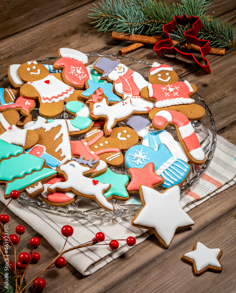 Colourful Decorated Gingerbread Christmas Cookies on a plate