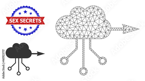 Triangular VPN cloud wireframe illustration, and bicolor scratched Sex Secrets seal stamp. Polygonal wireframe illustration designed with VPN cloud icon.