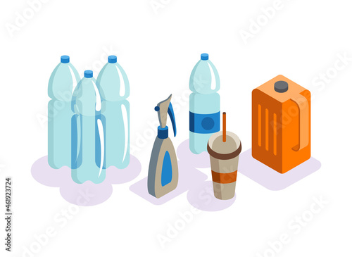 Element of plastic recycling process scheme. Symbol of plastic bottles illustration in cartoon style. Reducing pollution and waste  saving the Earth with recycling technologies