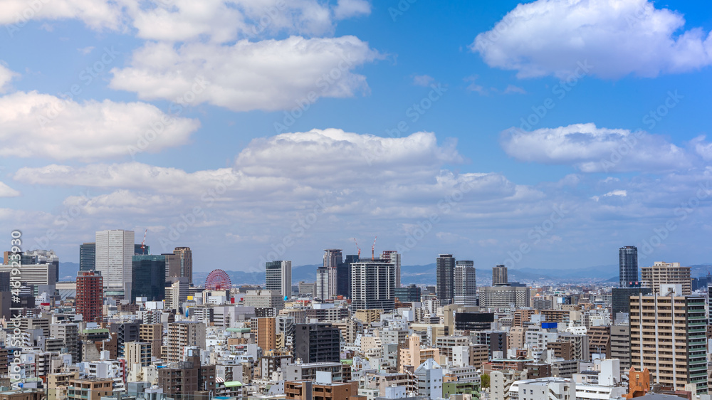 Aerial view of Osaka city from sky building. Bird eye view of cityscape at Japan